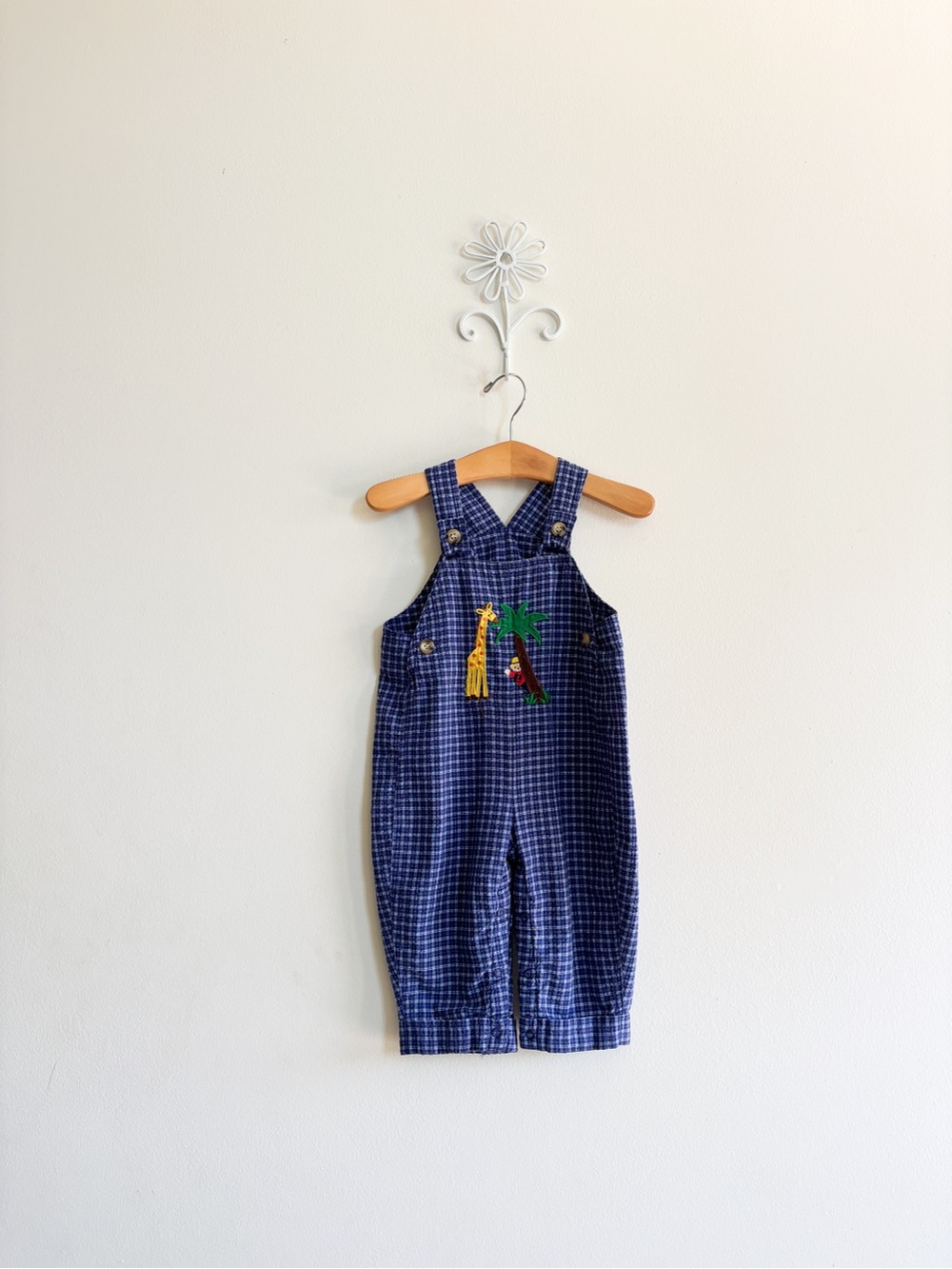 Vintage Kids Navy Check Overalls with Jungle Embroidery
